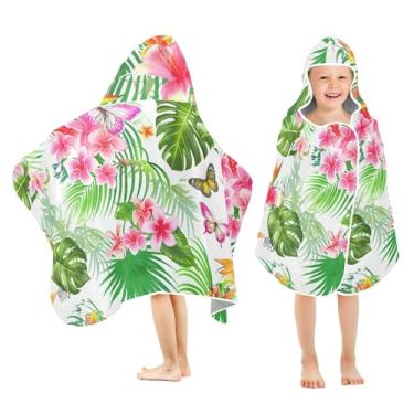 Imagem de Burbuja Toalha de banho com capuz de flores tropicais para crianças, toalha de praia de pelúcia macia absorvente para chá de meninas e meninos 3-10 anos, 61 x 127 cm