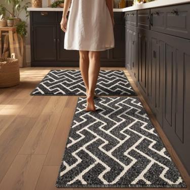 Imagem de Conjuntos de 2 tapetes de cozinha antiderrapantes para piso grosso resistente a manchas marroquino tapete de cozinha tapete de corredor para corredores entrada lavanderia lavável (preto 61 x 89 cm +