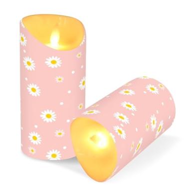 Imagem de ATTX Pacote com 2 velas sem chama margarida rosa – Velas de pilar LED de 7,6 cm x 15 cm com controle remoto e temporizador para casa, casamento, decoração de acampamento #72