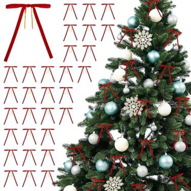 Imagem de 30 laços de veludo para árvore de Natal, laços de Natal vintage vermelhos de 12,7 x 17,8 cm com laços torcidos dourados, enfeites de laço de fita de veludo para decoração de guirlanda de presentes de