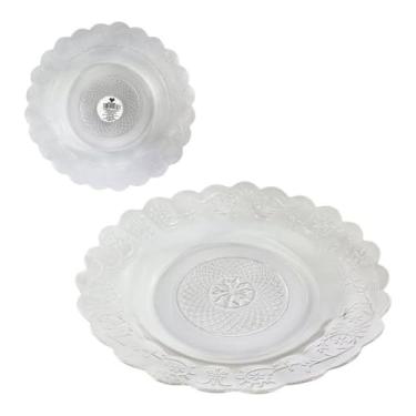 Imagem de Kit 5 Pratos de Vidro Egípcio Estrela Transparente 21,5cm com 6 Colheres de Mesa Inox Preta, Linha Mato Grosso, 3cm Profundidade