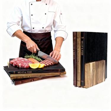 Imagem de Conjunto de 3 tábuas de corte de livros, tábua de corte de biblioteca que parece livros, madeira de acácia com suporte | Decorativa e funcional para carne, legumes, queijo | Presente de cozinha e