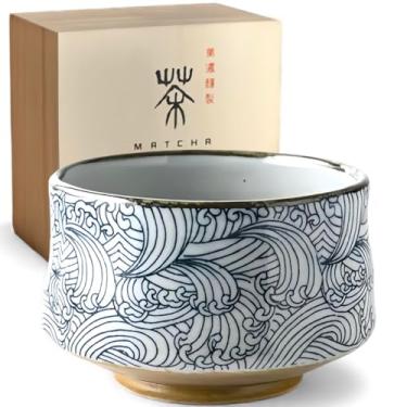 Imagem de Makuzen Tigela Matcha Japonesa Artesanal, Porcelana com Design Aranami Azul (Ondas Ásperas, Mares Tempestuosos), Gaba Casting, Inclui Caixa de Presente de Madeira φ115 x 80 mm * 425 g. Feito no Japão