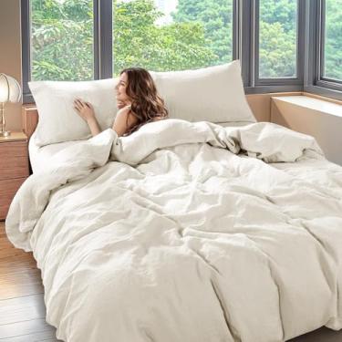 Imagem de Shilucheng Conjunto de capa de edredom Queen 100% linho, puro e natural, linho francês, capa de edredom com fecho de zíper e laços de canto, 3 peças (branco cremoso)