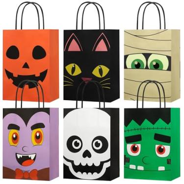 Imagem de 24 peças de sacos de presente de Halloween com alças de abóbora vampiro saco de papel para lembrancinhas de festa de vampiro gato esqueleto Frankenstein doces saco de presente para doces ou