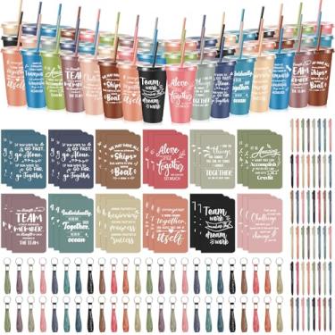 Imagem de Hollowfly 192 peças de presentes de agradecimento da equipe para funcionários 680 g copos de plástico inspiradores a granel com tampa e cadernos de palha, conjunto de chaveiros, presentes de Natal de