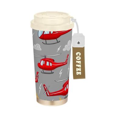 Imagem de TSENQUE Caneca de café de viagem 40 ml com revestimento cerâmico, copo de café de aço inoxidável com canudo e tampa, copo isolado a vácuo, helicópteros vermelhos de desenho animado cinza fogo
