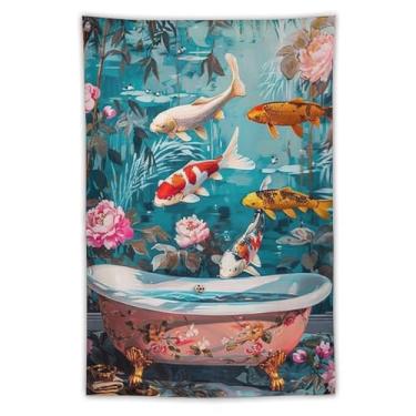 Imagem de Tapeçaria de banheiro japonesa Koi Peixe Colorido Zen Pond Wall Hanging Floral Banheira Arte Boho Spa Decoração Para Banheiro Chuveiro Relaxante Estilo Asiático Decoração de Parede de Casa 101 x 152