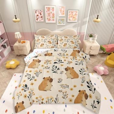 Imagem de Erosebridal Conjunto de edredom fofo de capivara, tamanho solteiro, para meninas, animais fofos, para crianças, meninos, mulheres, adultos, quarto, ramos e edredom floral, bege claro