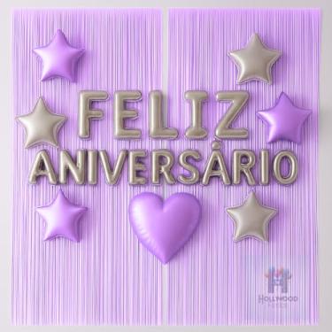 Imagem de Kit Feliz Aniversário com Cortinas Metalizadas e Balões Decorativos – Decoração Completa para Festa(Lilás)
