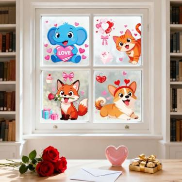 Imagem de ANATTASOUL Adesivos de janela estática do Dia dos Namorados, elefantes e cães, 1 folha de decalques reutilizáveis para vidro, 120 cm x 30 cm, adesivo de janela dupla face removível para quarto