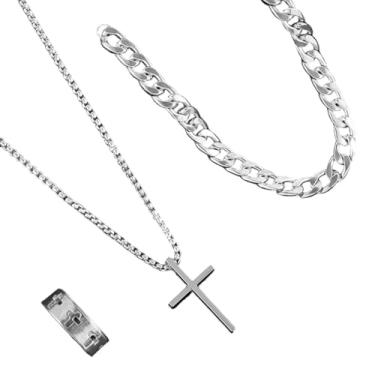 Imagem de FLORA Conjunto de colar pulseira e anel com pingente de cruz conjunto de colar pulseira e anel em liga metálica moderno e versátil para mulheres (Prata)