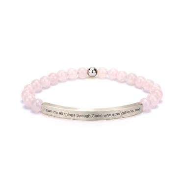 Imagem de cusurlove Pulseira feminina inspiradora de quartzo rosa, banhado a ouro 18K, joia de fé, bíblia religiosa cristã, presente para encorajamento, amor e força, Medium, Cristal, Sem Pedra Preciosa