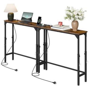 Imagem de CHOEZON Mesa de console estreita com altura ajustável (53,5-76 cm), conjunto de 2, mesa de sofá atrás do sofá, mesa de entrada com tomada, mesa de sofá para entrada, sala de estar rústica marrom e