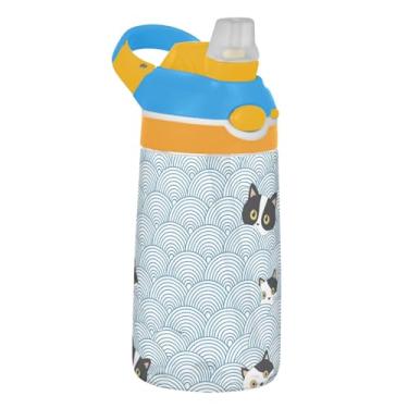 Imagem de Garrafa de água infantil White Cat Faces Blue Wave 473 ml Garrafa de água de plástico à prova de vazamento com tampa de canudo Tritan 473 ml Copos de viagem infantis portáteis reutilizáveis, alça de