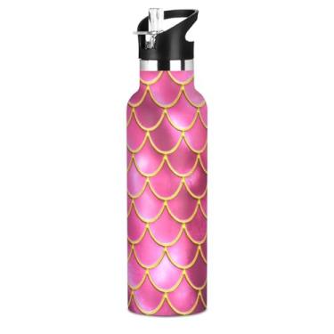 Imagem de Joisal Garrafa de água esportiva infantil de aço inoxidável, escamas de peixe sereia, rosa, 590 ml, livre de BPA, à prova de vazamento, copo de viagem isolado com tampa de canudo
