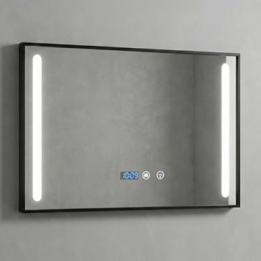 Imagem de Espelho de Banheiro com Led Moldura PRETA - 40X60CM - Luz, Relógio e Temperatura