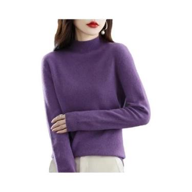 Imagem de Suéter Feminino De Lã 100% Pura Com Gola Alta, Pulôver De Cashmere Cas