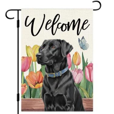 Imagem de DLZDN Welcome Spring Dog Garden Flag Black Labrador Floral Bandeira 30,5 x 45,7 cm Dupla Face Vertical Serapilheira Quintal Sinal Sazonal Decoração Externa