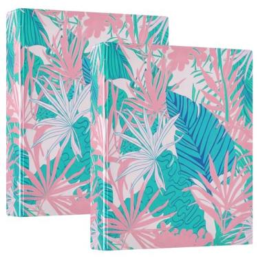 Imagem de Fichários de 3 anéis de folhas de palmeira tropicais personalizadas, rosa, 3 polegadas, comporta 200 folhas, pastas, anel redondo, fichário de receita, 31,5 x 27 x 6 cm, pacote com 2
