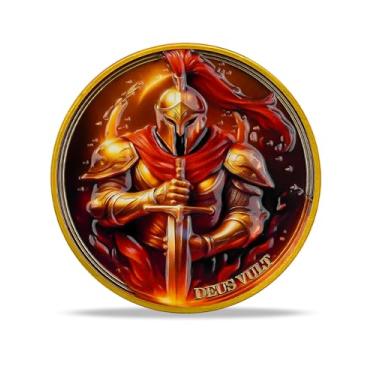 Imagem de RYUKENLM Moeda do Desafio dos Cavaleiros Templários "Deus Vult" símbolo do guerreiro cruzado medieval escudo cruz vermelha com lema latino presente cristão para entusiastas de história, fé e guerreiro