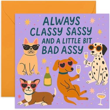 Imagem de Cartões de aniversário engraçados para mulheres, Classy Sassy and Bad Assy, design de cachorro fofo para ela - Bestie, BFF, Daughter - quadrado, em branco por dentro com envelope premium