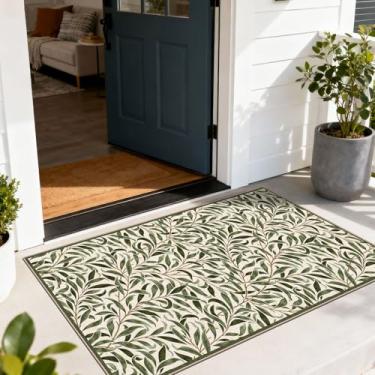 Imagem de Othilic Tapete Boho para ambientes externos – 71 cm x 109 cm Tapete para porta da frente interna externa antiderrapante lavável tapete de folha verde sálvia primavera para entrada, cozinha, quarto