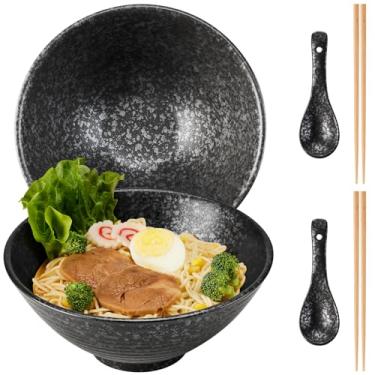 Imagem de hengshukeji Conjunto de tigelas de ramen japonês, 2 peças, tigelas grandes de macarrão de cerâmica de 1,134 g com pauzinhos e colheres para Pho, Udon, arroz, macarrão – Seguro para micro-ondas e