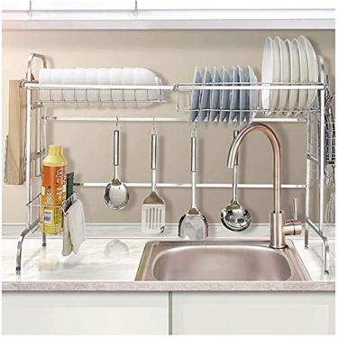 Imagem de escorredor de pratos de aço inoxidável escorredor de pratos prateleira grande prata organizador de utensílios para cozinha (tamanho: 84 cm) organizador de balcão