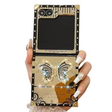Imagem de Kwhapoo Capas de luxo compatíveis com Samsung Galaxy Z Flip 5 de 6,7 polegadas, linda capa com suporte de diamante de borboleta de renda brilhante, capas protetoras à prova de choque de silicone para