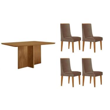 Imagem de Sala Jantar Mesa Berlim Tampo Curvo 120cm+4 Cadeiras Dakota Madeira Naturale - Capuccino/Corano Capuccino - Rufato