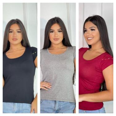 Imagem de Kit 3 blusas Femininas detalhe na Manga - GK, Preto, Vermelho, Cinza