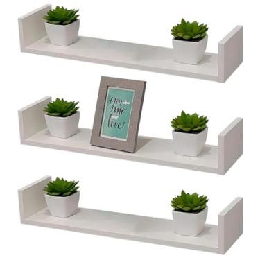 Imagem de Prateleira Suspensa U Suporte Parede Estante Madeira 60x12cm (3, Branco)