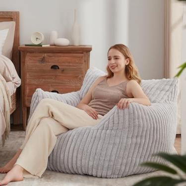 Imagem de Achicsofar Saco de feijão grande para adultos e adolescentes com enchimento, confortável saco de pelúcia com apoios de braços para quarto, sala de estar, leitura (cinza claro, G)