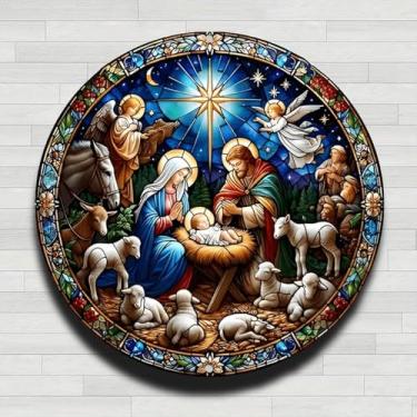 Imagem de Placa de parede redonda de metal de alumínio rústico vintage com anjos com vitral de presépio com anjos, presentes internos e externos de 20 cm e decoração para casa, escritório, café e fazenda