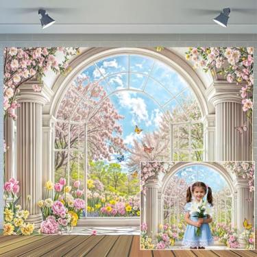 Imagem de Cenário de janela de primavera, 2,8 x 1,8 m, arco de flores de cerejeira, borboletas, primavera, jardim, fotografia, fundo, para casamento, chá de panela, decoração de bolo, mesa de fotos, estúdio