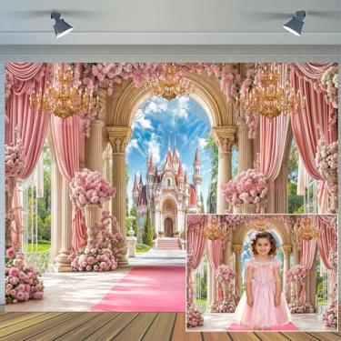 Imagem de 2,1 x 1,5 m de cenário de castelo de princesa rosa palácio cortina floral conto de fadas jardim plantas verdes nuvem cristal fundo meninas crianças decorações festa de aniversário banner cabine de