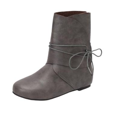 Imagem de Botas femininas de inverno curtas cano alto sólido bico redondo cadarço sola plana tornozelo, Cinza, 34