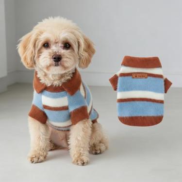 Imagem de Suéter para animais de estimação para cães e gatos, roupas aconchegantes de malha para clima frio com listras coloridas divertidas, ideal para atividades ao ar livre
