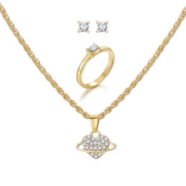 Imagem de IFKM Conjunto de joias banhado a ouro para mulheres, gargantilha, colar, brincos pendurados, conjunto de anéis para formatura, dia dos namorados, aniversário, amizade, presentes, adjustable, Latão