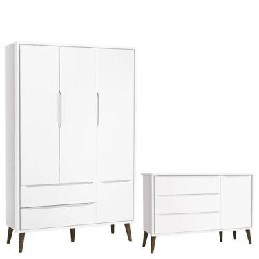 Imagem de Cômoda Infantil com Porta e Guarda Roupa 3 Portas Theo Branco Acetinad
