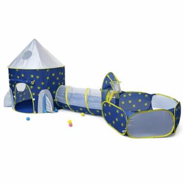 Imagem de Barraca Infantil 3 em 1 com Túnel e Piscina de Bolinhas, Tema Espacial Foguete, Azul com Estrelas Amarelas, Dobrável