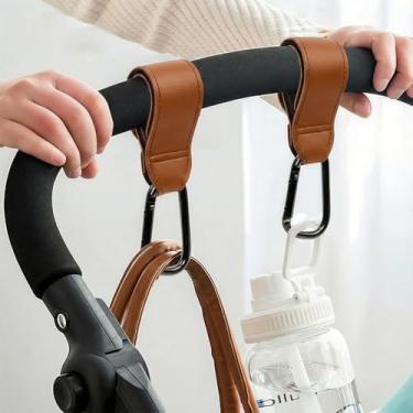 Imagem de 2 ganchos para carrinho de bebê, ganchos de bolsa para pendurar bolsas de fraldas, ganchos multiuso para sacolas de compras, tiras de couro vegano premium