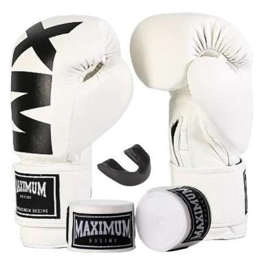 Imagem de Kit Luva De Boxe Muay Thai MXM Branco e Preto + Bandagem 3m + Protetor Bucal - Maximum Boxing-Unissex