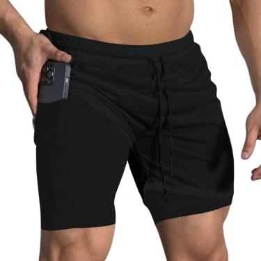 Imagem de Short Treino Dry Térmico 2 em 1 com Bolso para Aparelhos Cel e Porta-Toalha Calção Fitness Academia-Masculino