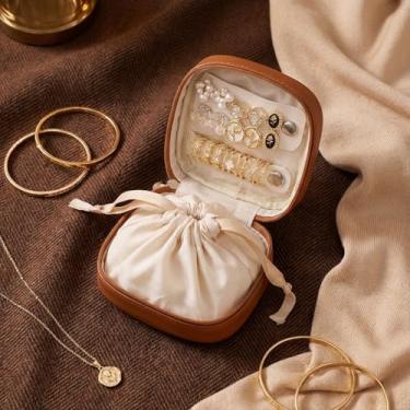 Imagem de Bolsa organizadora de joias com cordão, bolsa organizadora de joias de veludo para brincos, anéis, colares, estojo portátil de viagem (marrom)