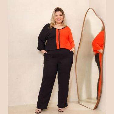 Imagem de Conjunto Maison Blusa Manga Raglan e Calça Plus Size Verão, Laranja, 5