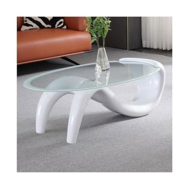 Imagem de Mesa de centro oval moderna de vidro temperado, C35,10 cm, mesa central de chá, sofá para sala de estar, sala de estar, decoração de escritório em casa, fácil montagem, simples (branca)