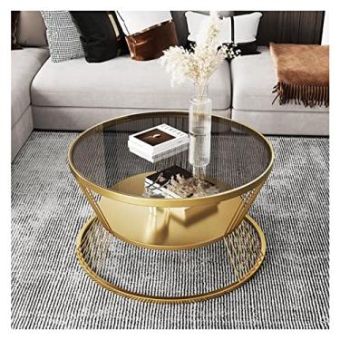 Imagem de Mesa de centro redonda moderna de 59,9 cm com 2 camadas com prateleira de armazenamento aberta para sala de estar, mesa de vidro tempared, moldura de metal, mesa central simples e moderna para espaços
