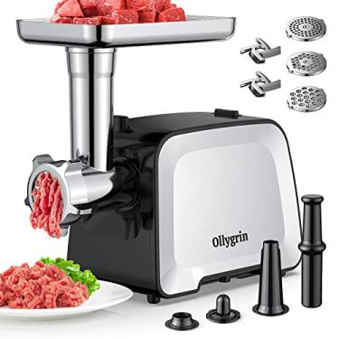 Imagem de Ollygrin Moedor de carne elétrico, triturador de carne resistente máximo de 2000 W, moedor de alimentos de aço inoxidável com 2 lâminas, 3 pratos, tubo de enchimento de salsicha e kit de kubbe para uso em cozinha doméstica, prata e preto